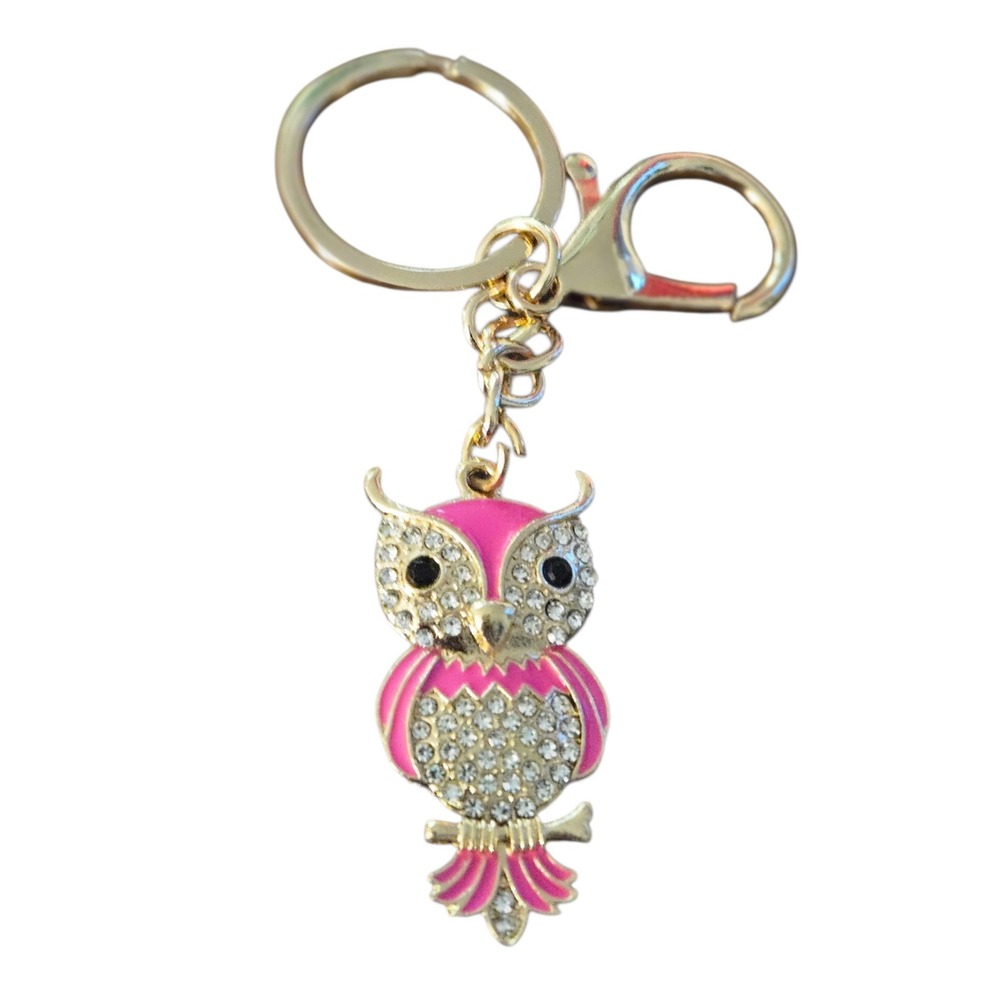 Pink Owl Keychain with Rhinestones Cute Owl Charm Key Ring